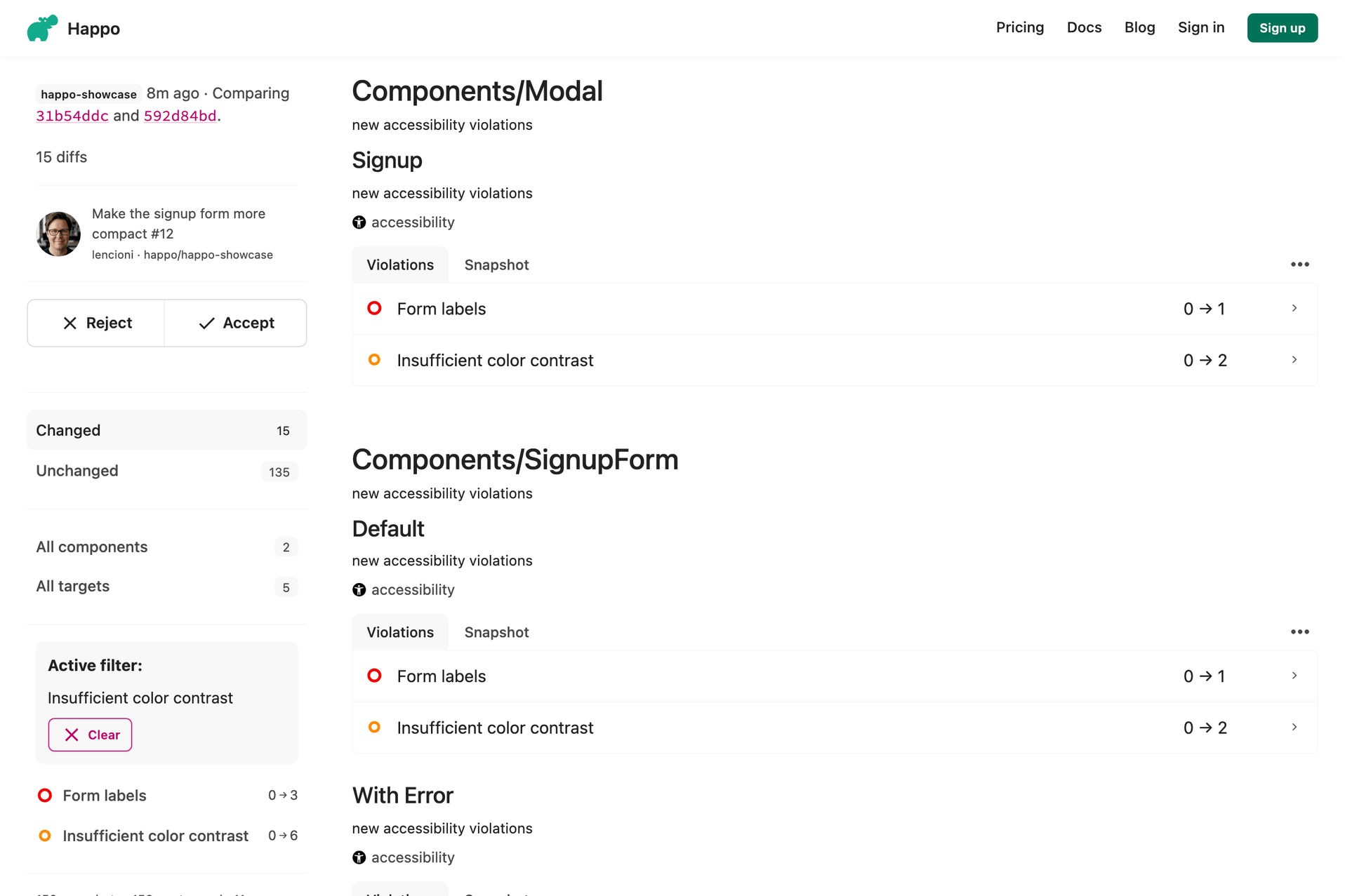 A Happo report filtered to one violation type