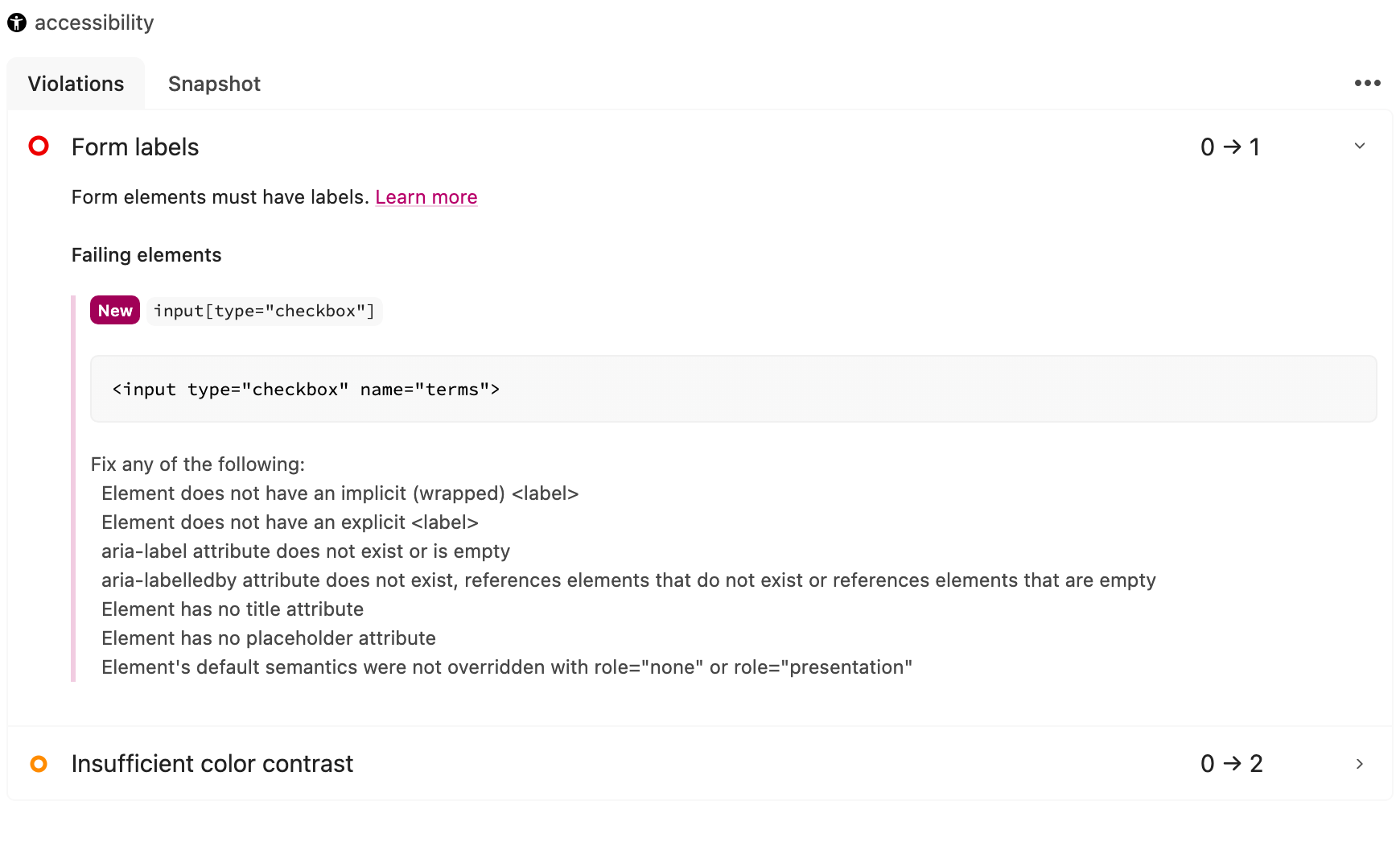 New accessibility violations in a Happo report