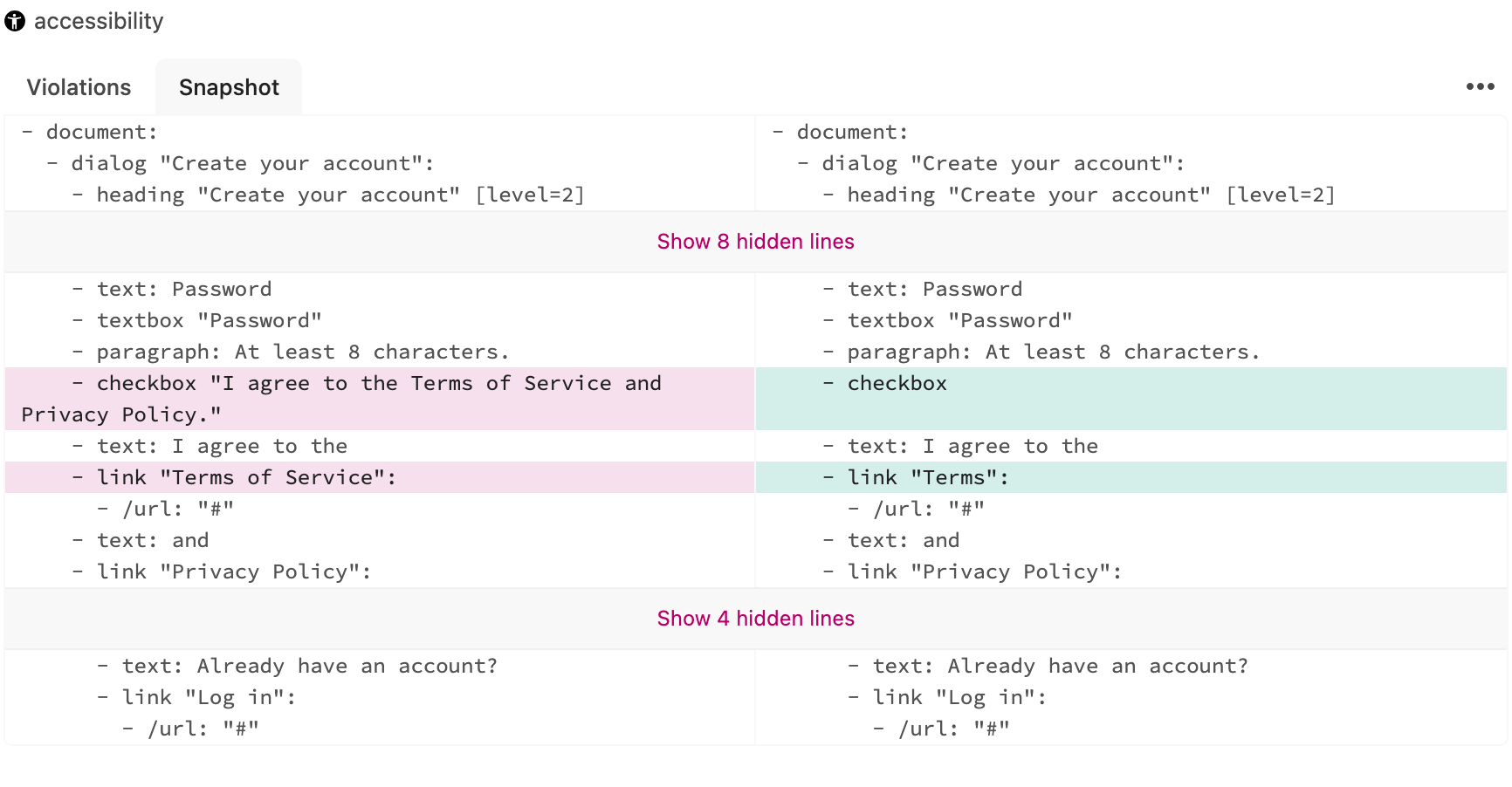 An ARIA snapshot diff in a Happo report