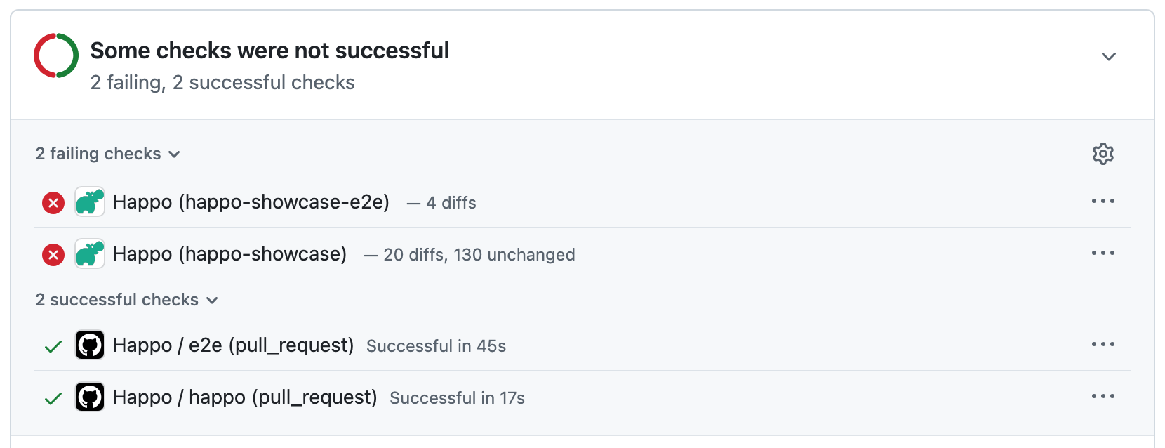 Two Happo projects with statuses for a PR