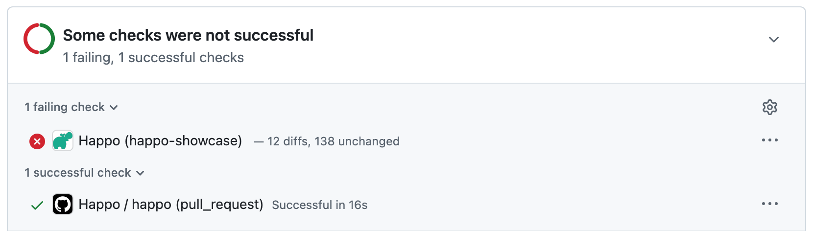 Happo status posted on a commit on github