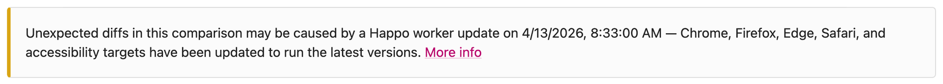An alert about a Happo browser update at the top of a report