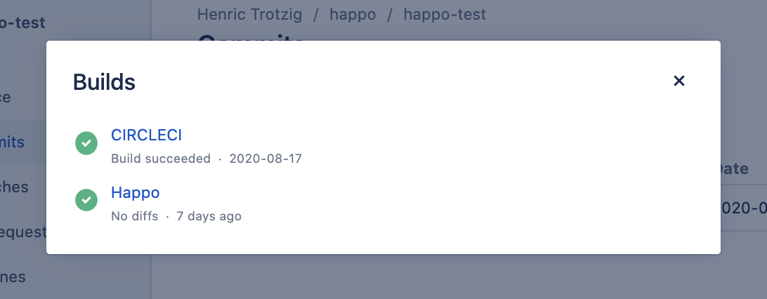 Happo status posted on a bitbucket commit
