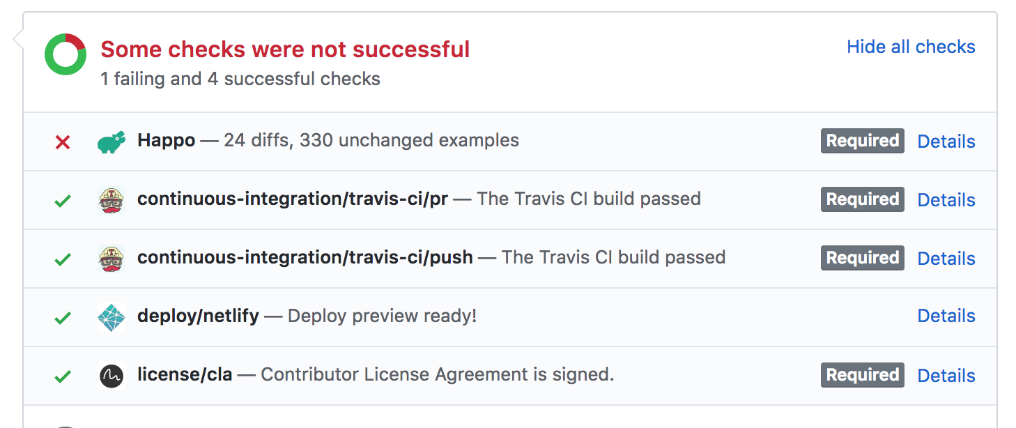Happo status posted on a commit on github